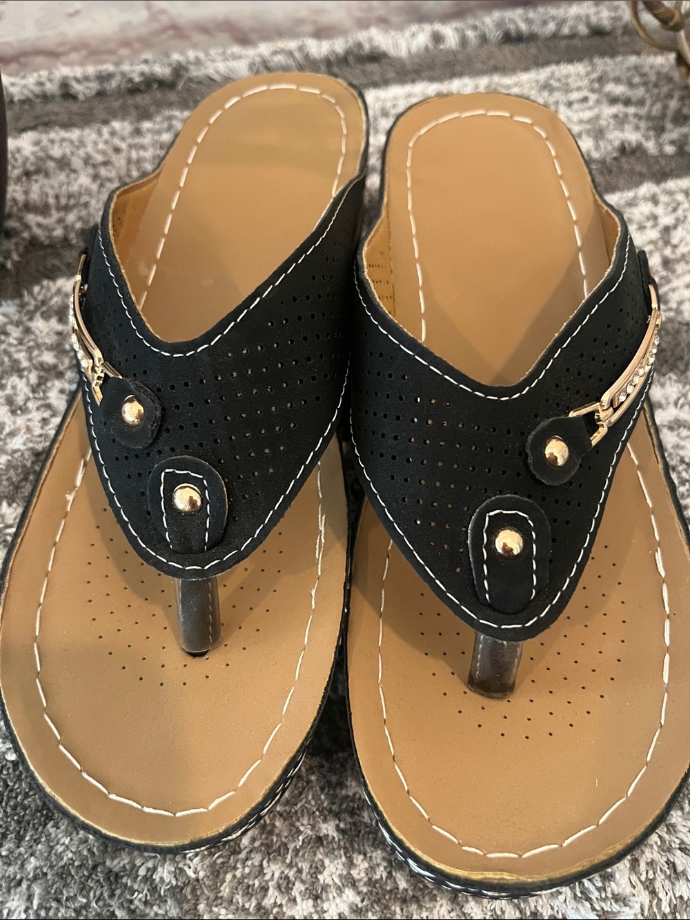 Black and Tan Embellished Thong Sandals - Picture 6 of 10